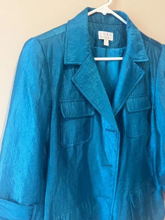 Joan Rivers Blazer Womens S Metallic Blue Rayon Blend 3/4 Sleeve Pockets - Picture 3 of 8